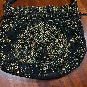 Black Fabric Purse with beautiful beaded Peacock design